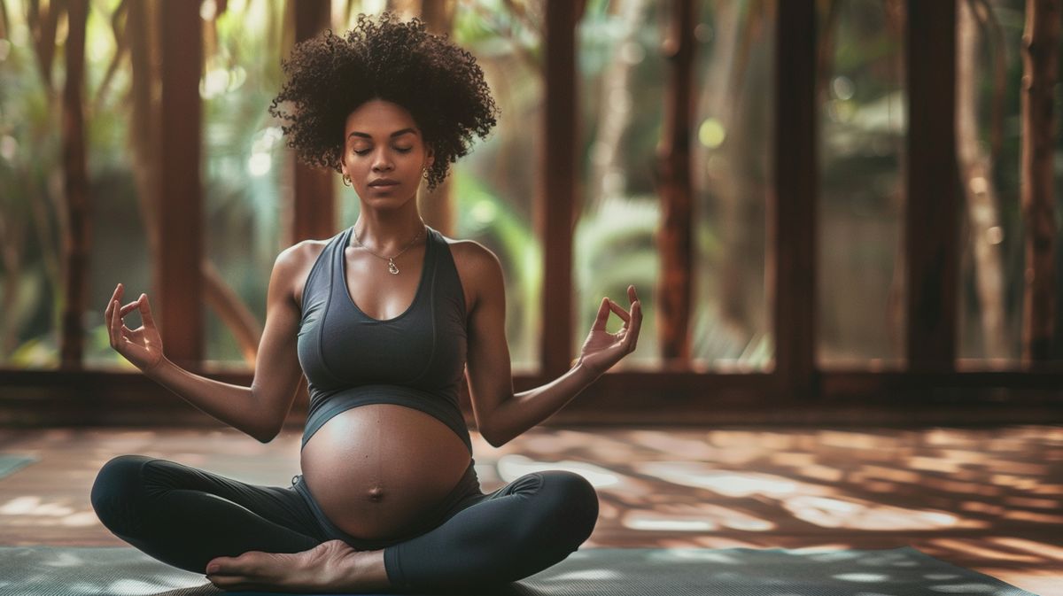 Frau praktiziert Yin Yoga während der Schwangerschaft in entspannender Umgebung, ideal für Yin Yoga Schwangerschaft