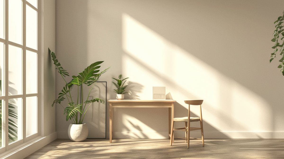 Schreibtisch Position im Raum Feng Shui optimiert, harmonisches Büro-Setup mit Blick auf grüne Pflanzen und natürliches Licht