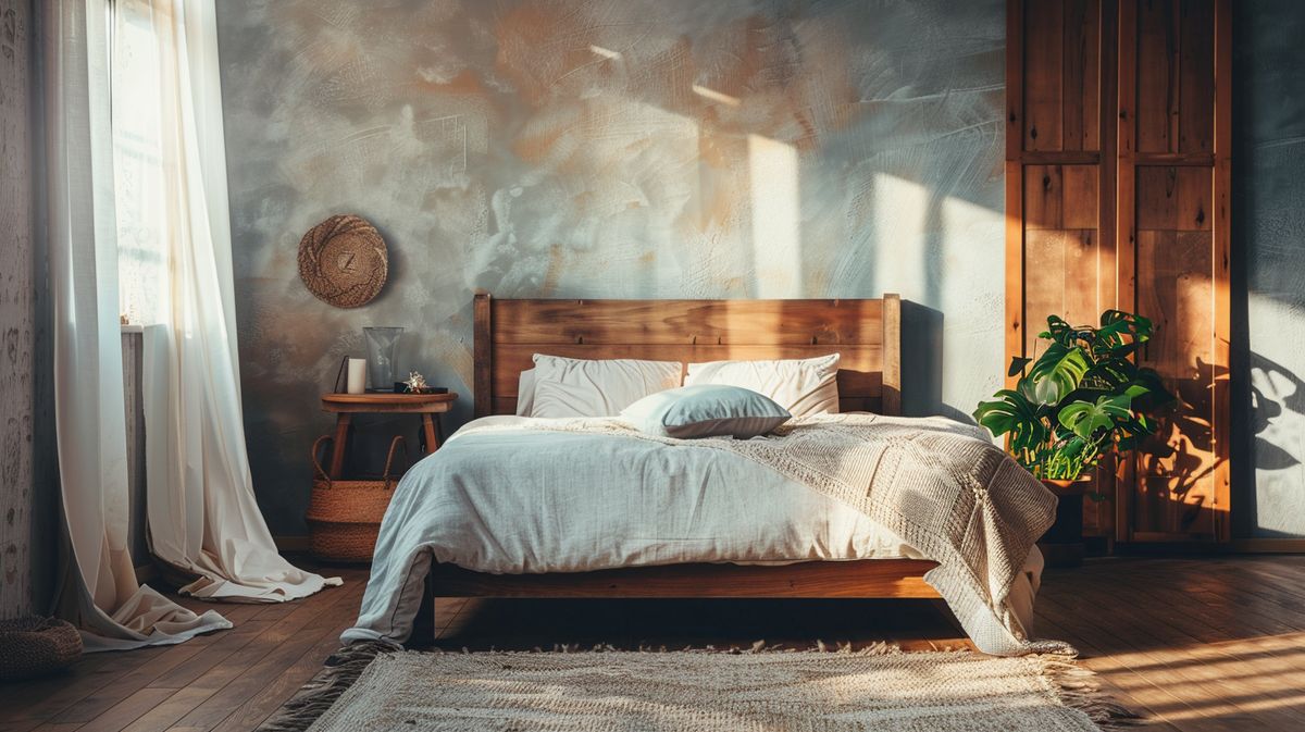 Feng-Shui-Schlafrichtung in einem harmonisch eingerichteten Schlafzimmer mit beruhigenden Farben und natürlichen Elementen