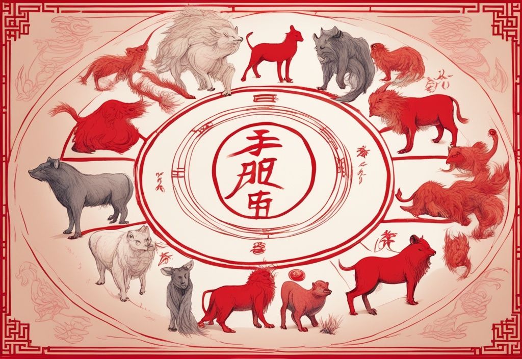 Moderne Skizze der zwölf Tiere des chinesischen Sternzeichens in einem symbolischen Kreis, Hauptfarbthema rot.