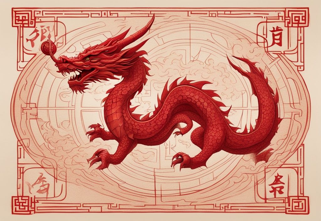 Moderne Skizze, roter Farbton, majestätischer Holzdrache mit chinesischen Tierkreiszeichen, antike Astrologiekarte im Hintergrund