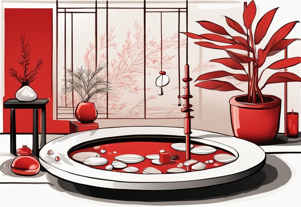 Moderne Skizzenillustration mit rotem Farbschema, Feng Shui-Arrangement mit Mini-Zengarten, Bambuspflanze, Windspiel und Kristallschale für Glück.