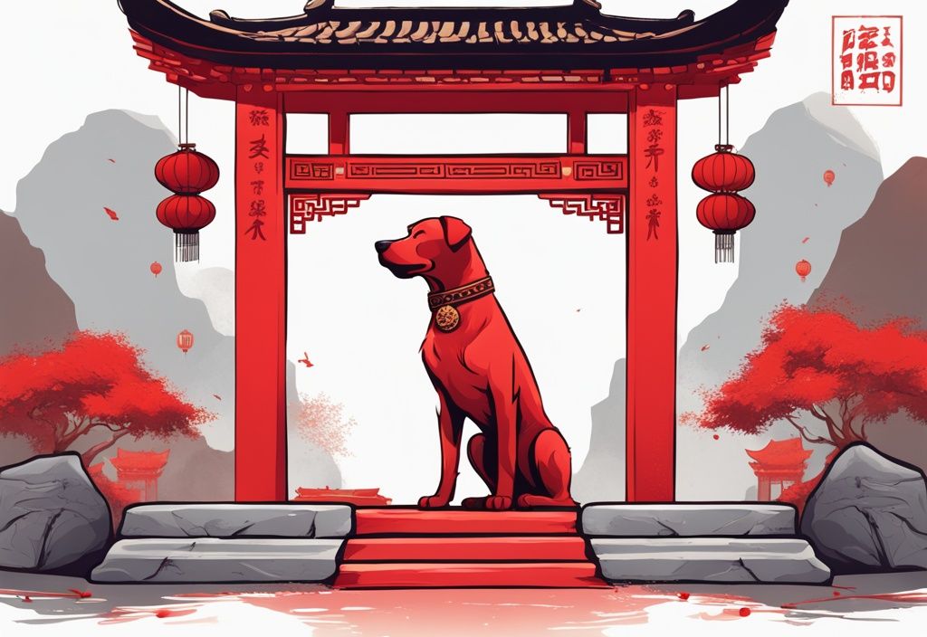 Moderne Skizzenillustration eines majestätischen Hundes im traditionellen chinesischen Stil neben einer alten Steinsäule mit Tierkreiszeichen, rotes Farbschema, elegante und kulturell bedeutende Szene.