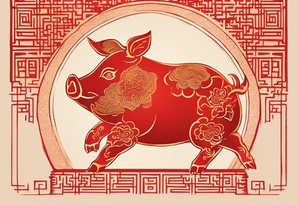 Moderne Skizzenillustration mit rotem Farbschema, goldenes Schwein symbolisiert Wohlstand und Reichtum im chinesischen Tierkreis, traditioneller chinesischer Hintergrund mit Mustern und Motiven.