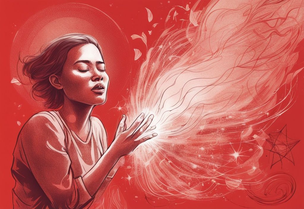 Moderne Skizzenillustration in Rot, Person beim Niesen mit ätherischem Licht und symbolischen spirituellen Elementen, Niesen spirituelle Bedeutung.