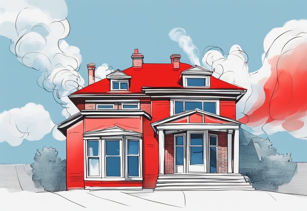 Moderne Skizzenillustration eines Hauses mit Rauch, der aus offenen Fenstern und Türen strömt, vor einem klaren blauen Himmel, Hauptfarbthema Rot.