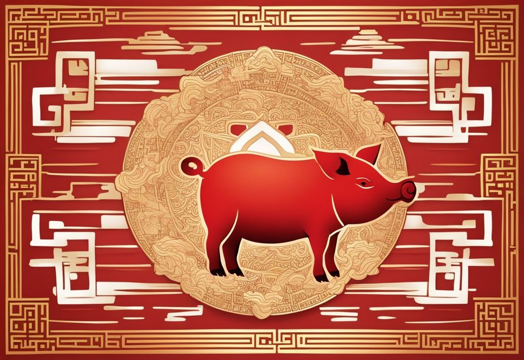 Moderne Skizze mit rotem Farbschema, goldenes Schwein symbolisiert Wohlstand und Reichtum, traditionelle chinesische Muster im Hintergrund