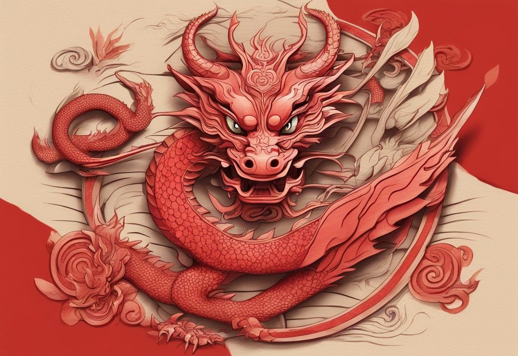 Holz Drache chinesisches Horoskop, moderne Skizzenillustration, rotes Farbschema, geschnitzter Holzdrache um Bambus, chinesische Horoskopsymbole im Hintergrund