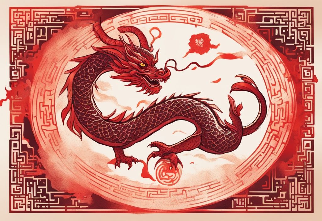 Moderne Skizzenillustration eines chinesischen Drachen in Rot, der sich um einen traditionellen chinesischen Kalender windet, mit leuchtenden Farben und schimmernden Schuppen.