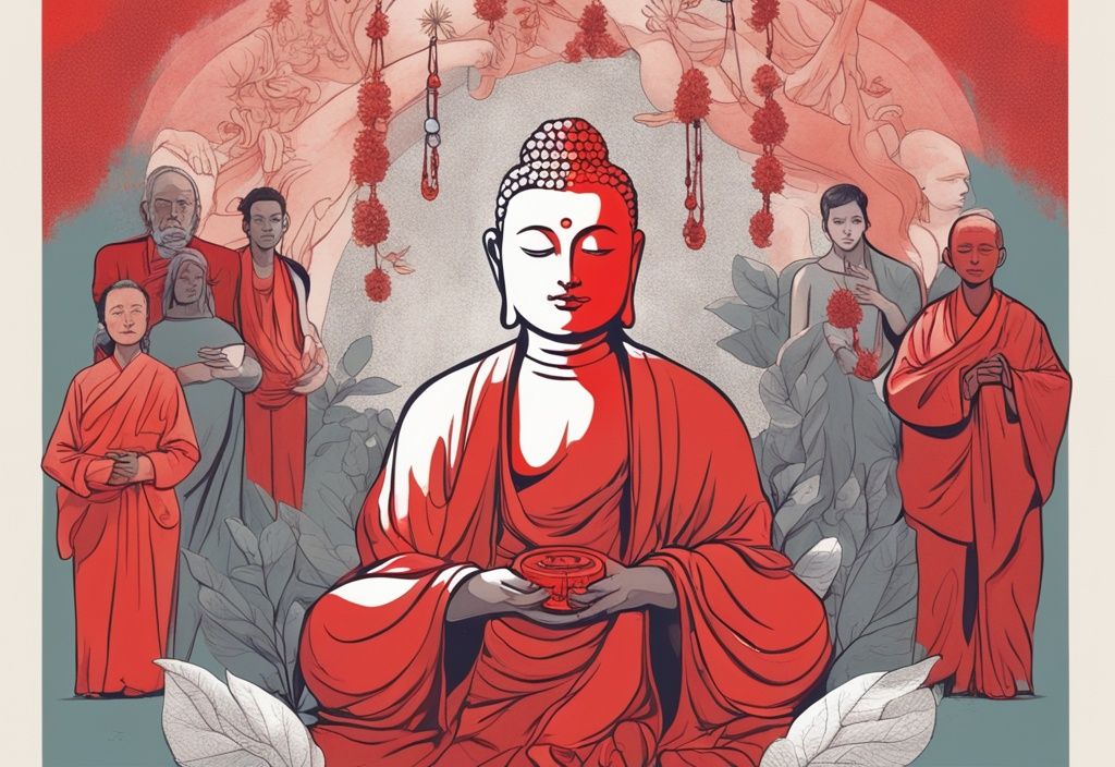 Moderne Skizzenillustration mit rotem Farbschema, diverse spirituelle Menschen erkennen, die symbolische spirituelle Gegenstände (wie Rosenkranz, Kristall oder Buddha-Statue) in einer friedlichen Naturlandschaft halten, ihre Gesichter zeigen Ruhe und Erleuchtung.