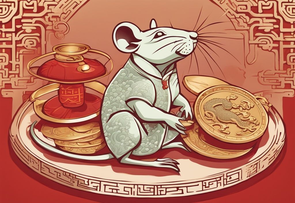 Moderne Skizzenillustration eines Ratten-Zeichens des chinesischen Tierkreises auf einem runden Jadestück, umgeben von Goldmünzen, Bambusstängeln und chinesischen Schriftzeichen, Hauptfarbthema Rot