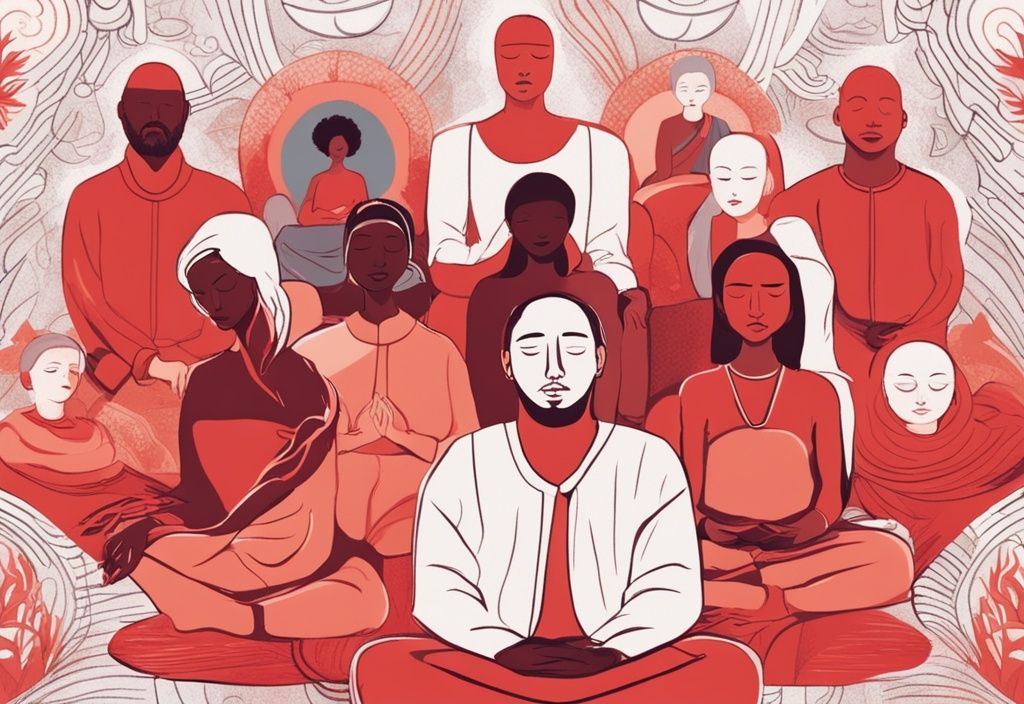 Moderne Skizzenillustration einer vielfältigen Gruppe von Menschen in Meditation mit geschlossenen Augen, umgeben von lebendigen, ätherischen Formen und Mustern, Hauptfarbthema Rot