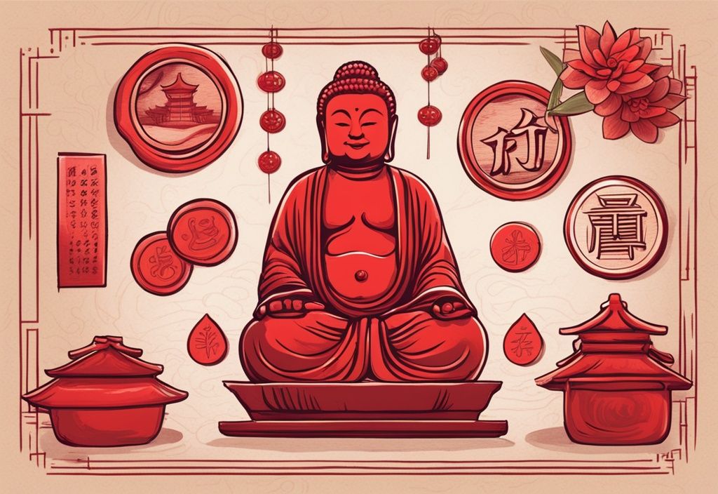 Moderne Skizzenillustration mit roten Farbtönen, zeigt Feng Shui Glücksbringer wie Bambuspflanzen, lachende Buddha-Statuen und chinesische Münzen auf holztexturiertem Hintergrund.