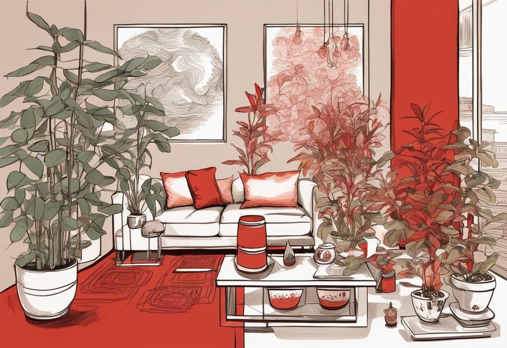 Moderne Skizzenillustration in Rot mit Feng Shui Pflanzen Reichtum wie Glücksbambus, Geldbaum und Jadepflanze, harmonisch arrangiert in einem wohlhabenden, ruhigen Ambiente mit Feng Shui Münzen und Symbolen.