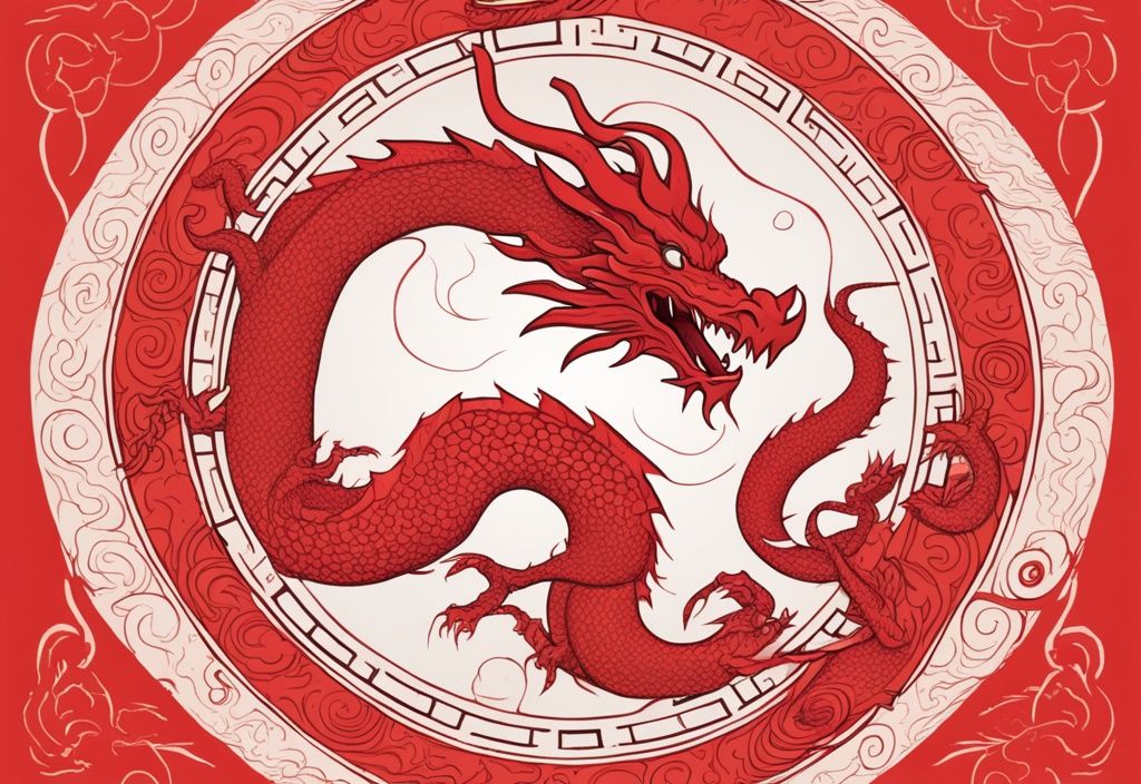 Moderne Skizzenillustration eines roten Drachen, der sich um den Tierkreis des chinesischen Sternzeichens windet, chinesisches Sternzeichen Drache