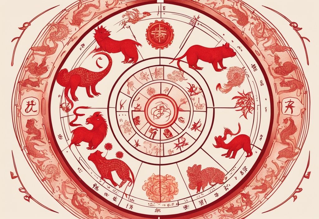 Moderne Skizzenillustration mit rotem Farbschema, astrologisches Rad mit zwölf chinesischen Tierkreiszeichen, umgeben von kunstvollen chinesischen Mustern