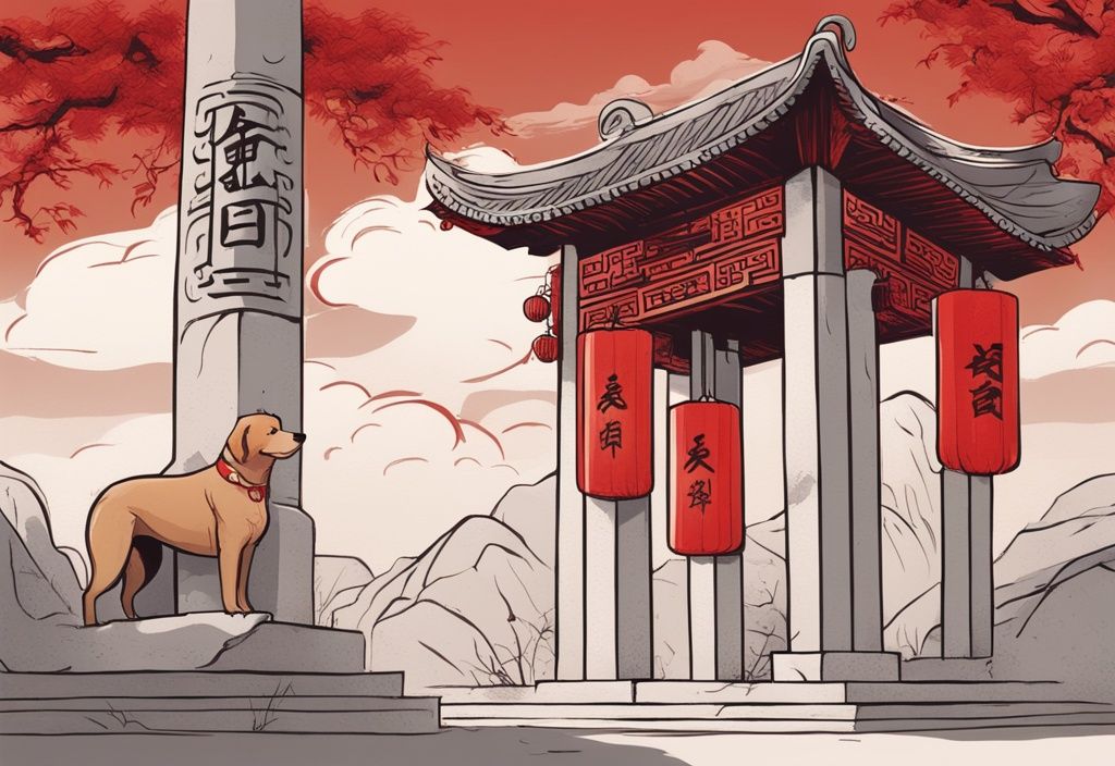 Moderne Skizzenillustration eines majestätischen Hundes im traditionellen chinesischen Stil neben einer antiken Steinsäule mit chinesischen Tierkreiszeichen, vor einem lebhaften roten Hintergrund.