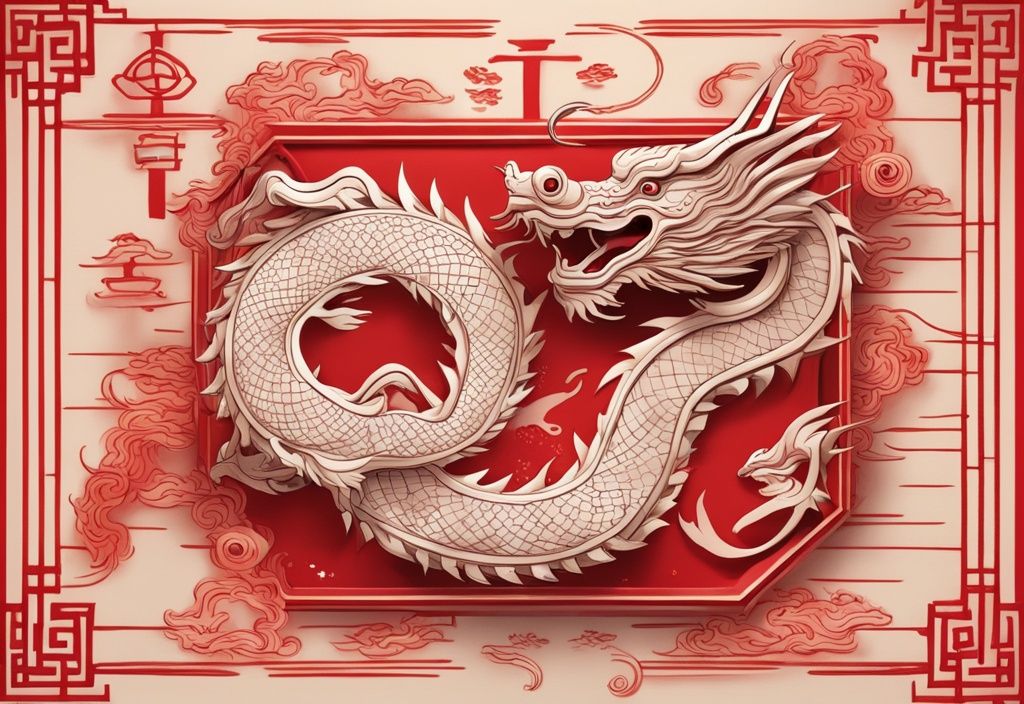 Holz Drache chinesisches Horoskop, kunstvoll geschnitzter Holzdrache um einen Bambusstock, rotes Farbschema, chinesische Horoskop-Symbole im Hintergrund